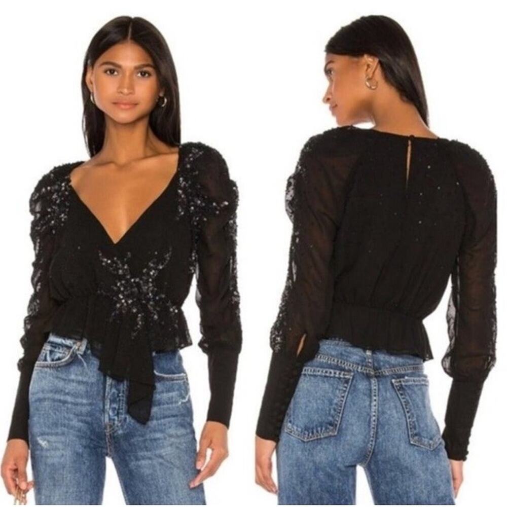 LPA Cara Embellished Sequin Blouse Top Black Long Sleeves Women’s Size Small